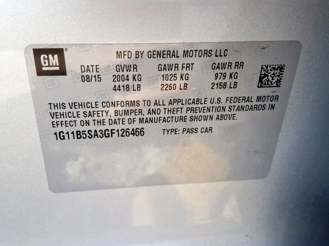 1G11B5SA3GF126466 - 2016 CHEVROLET MALIBU LIM 银色 照片 10