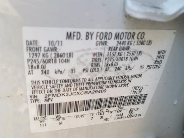 2FMDK3JCXCBA29400 - 2012 FORD EDGE SEL WHITE photo 10