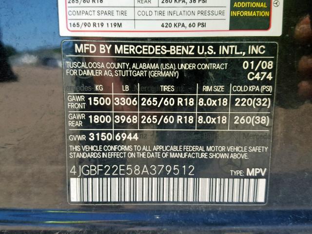 4JGBF22E58A379512 - 2008 MERCEDES-BENZ GL 320 CDI BLACK photo 10