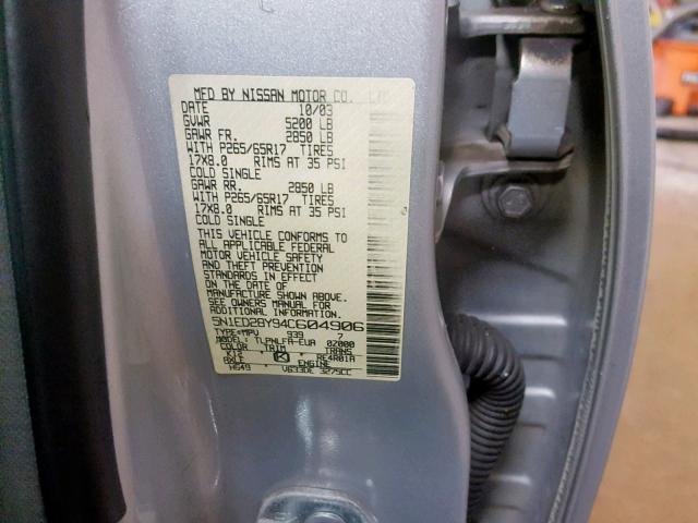 5N1ED28Y94C604906 - 2004 NISSAN XTERRA XE SILVER photo 10