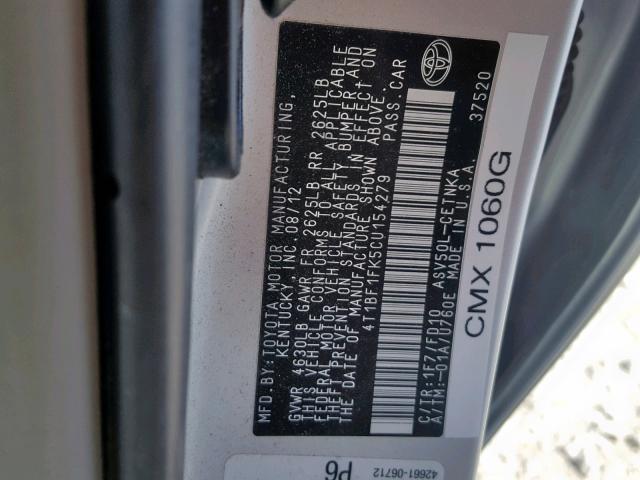 4T1BF1FK5CU154279 - 2012 TOYOTA CAMRY BASE SILVER photo 10