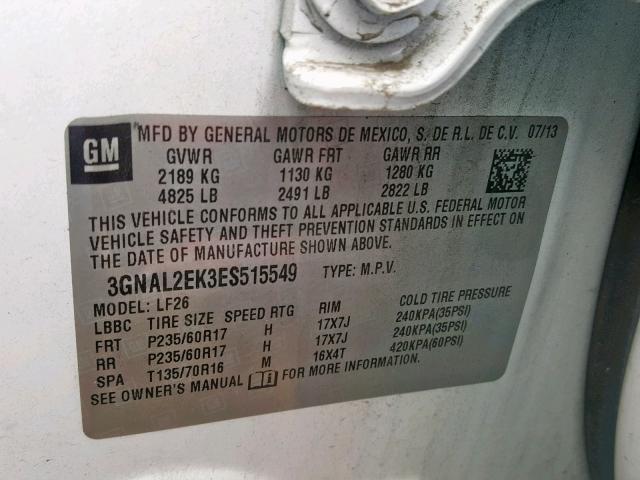 3GNAL2EK3ES515549 - 2014 CHEVROLET CAPTIVA LS 白色 照片 10