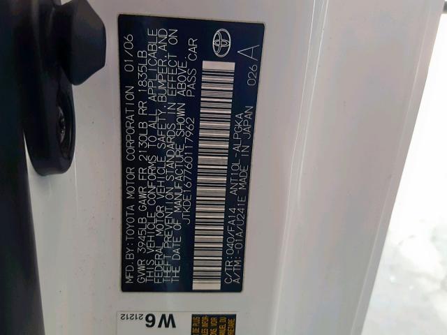 JTKDE167760117962 - 2006 TOYOTA SCION TC თეთრი ფოტო 10