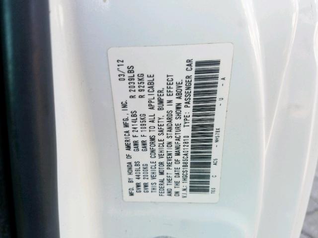 1HGCS1B85CA012810 - 2012 HONDA ACCORD EXL WHITE photo 10