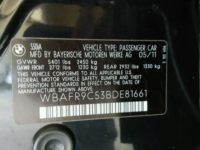 WBAFR9C53BDE81661 - 2011 BMW 550 I BLACK photo 10
