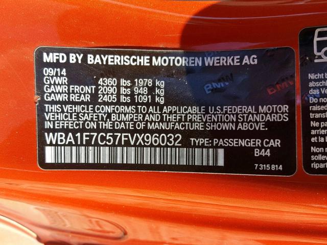 WBA1F7C57FVX96032 - 2015 BMW 228 XI ORANGE photo 10