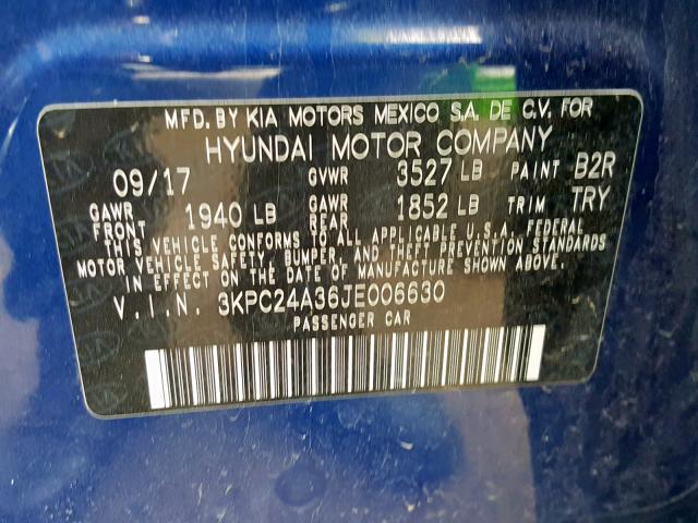 3KPC24A36JE006630 - 2018 HYUNDAI ACCENT SE BLUE photo 10