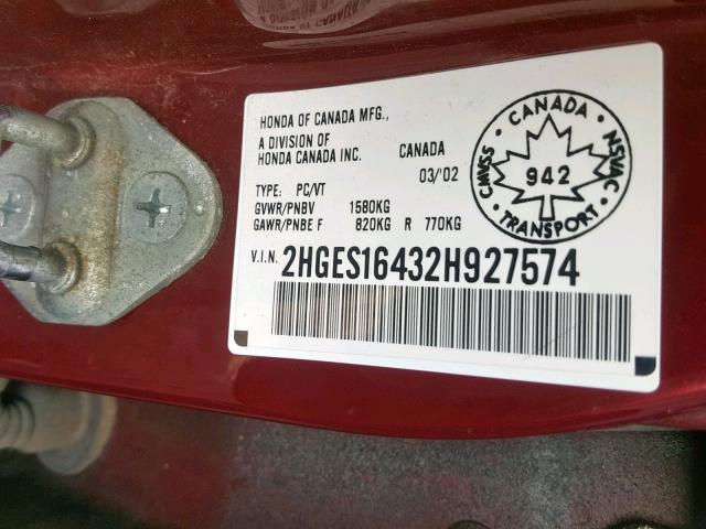 2HGES16432H927574 - 2002 HONDA CIVIC DX BURGUNDY photo 10