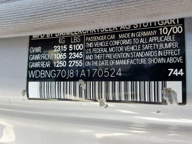 WDBNG70J81A170524 - 2001 MERCEDES-BENZ S 430 SILVER photo 10