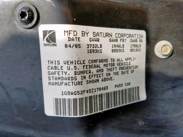 1G8AG52F45Z170468 - 2005 SATURN ION LEVEL BLACK photo 10