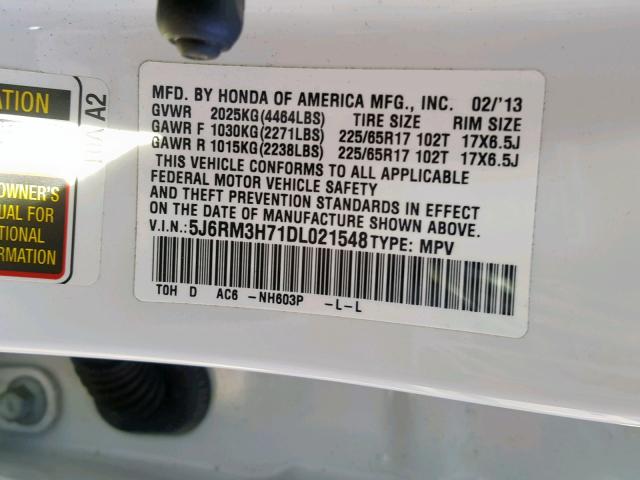 5J6RM3H71DL021548 - 2013 HONDA CR-V EXL WHITE photo 10