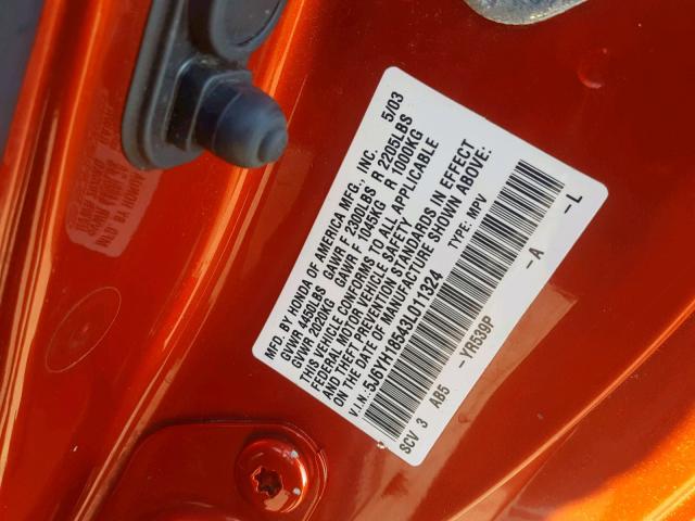 5J6YH18543L011324 - 2003 HONDA ELEMENT EX ORANGE photo 10