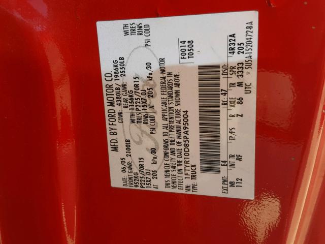 1FTYR10D85PA95004 - 2005 FORD RANGER RED photo 10