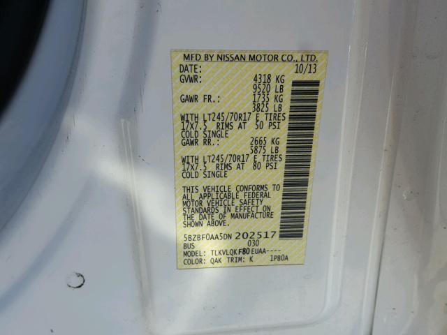 5BZBF0AA5DN202517 - 2013 NISSAN NV 3500 WHITE photo 10