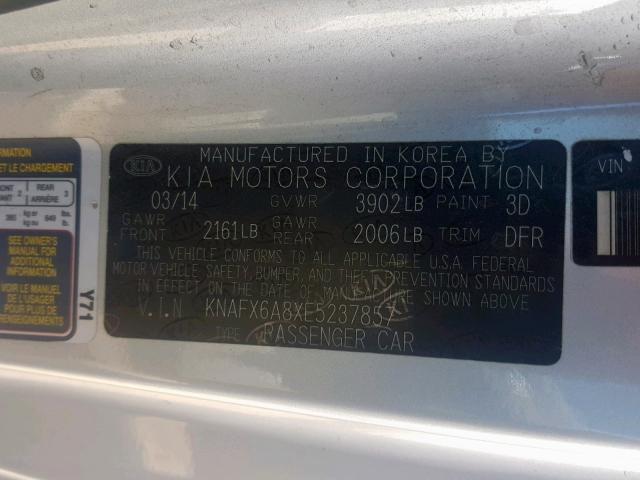 KNAFX6A8XE5237857 - 2014 KIA FORTE EX SILVER photo 10