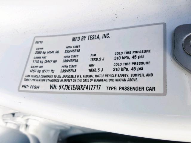 5YJ3E1EAXKF417717 - 2019 TESLA MODEL 3 WHITE photo 10