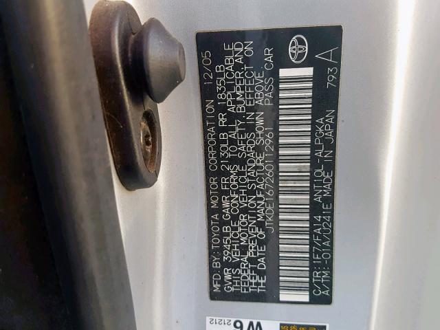 JTKDE167260112961 - 2006 TOYOTA SCION TC ვერცხლისფერი ფოტო 10