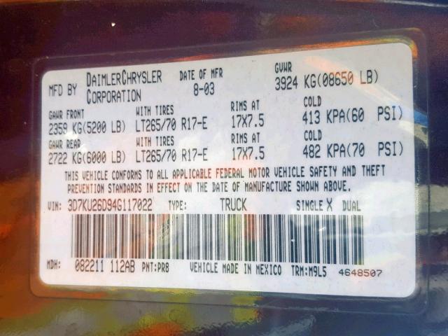 3D7KU26D94G117022 - 2004 DODGE RAM 2500 S Tünd qırmızı foto 10