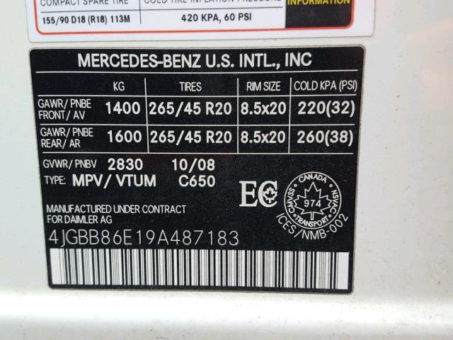 4JGBB86E19A487183 - 2009 MERCEDES-BENZ ML 350 WHITE photo 10