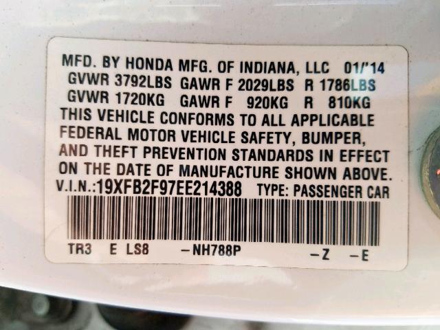 19XFB2F97EE214388 - 2014 HONDA CIVIC EXL 白色 照片 10