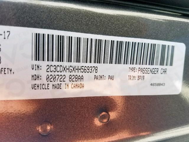 2C3CDXHGXHH569378 - 2017 DODGE CHARGER SX GRAY photo 10