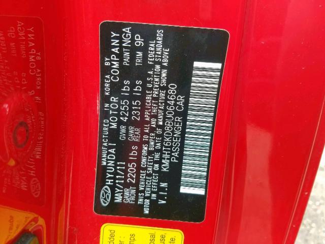 KMHHT6KD8BU064680 - 2011 HYUNDAI GENESIS CO RED photo 10