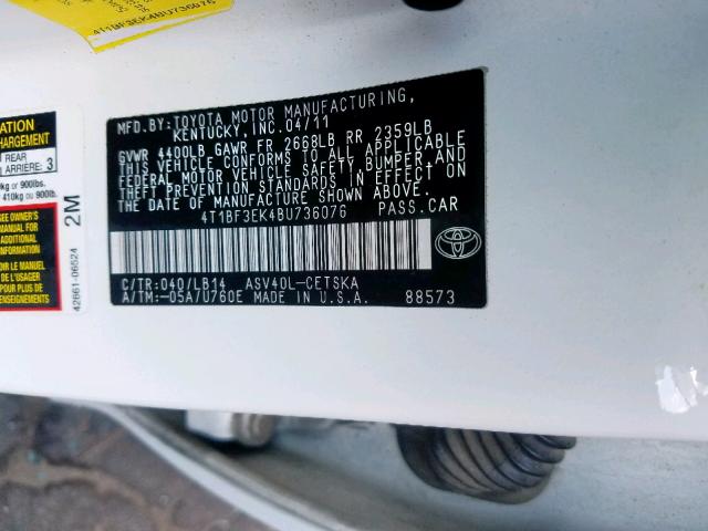 4T1BF3EK4BU736076 - 2011 TOYOTA CAMRY BASE WHITE photo 10