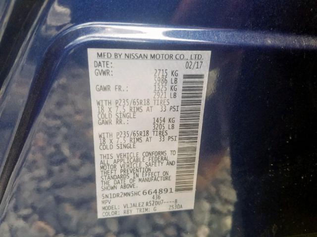 5N1DR2MN5HC664891 - 2017 NISSAN PATHFINDER BLUE photo 10