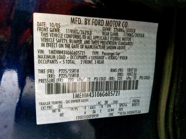 1MEHM43106G605721 - 2006 MERCURY MONTEGO PR ლურჯი ფოტო 10