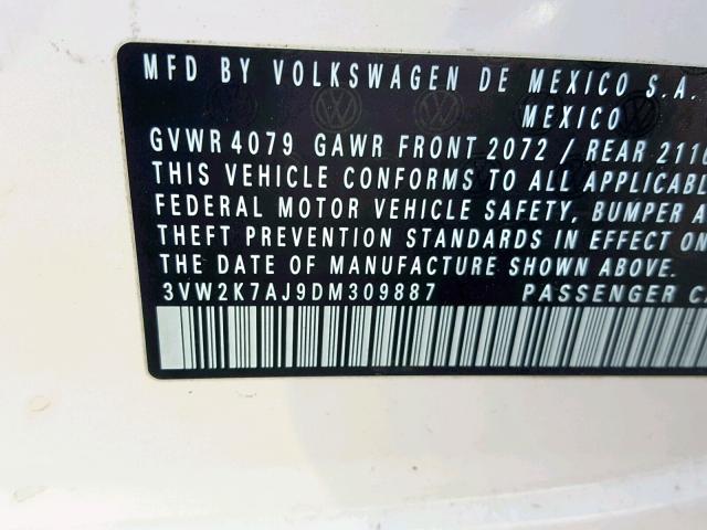 3VW2K7AJ9DM309887 - 2013 VOLKSWAGEN JETTA BASE 白色 照片 10