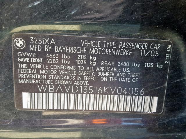 WBAVD13516KV04056 - 2006 BMW 325 XI BLACK photo 10