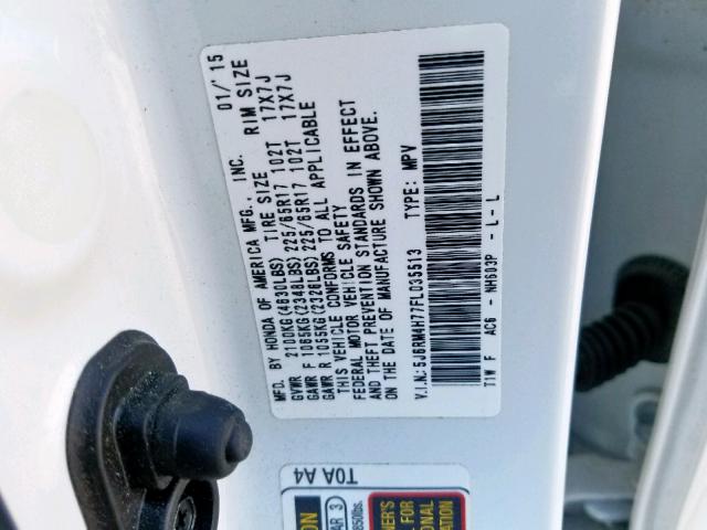 5J6RM4H77FL035513 - 2015 HONDA CR-V EXL WHITE photo 10