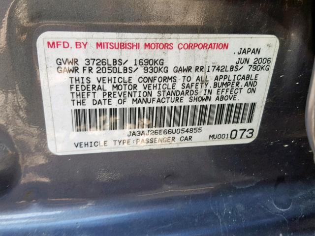 JA3AJ26E66U054855 - 2006 MITSUBISHI LANCER ES GRAY photo 10