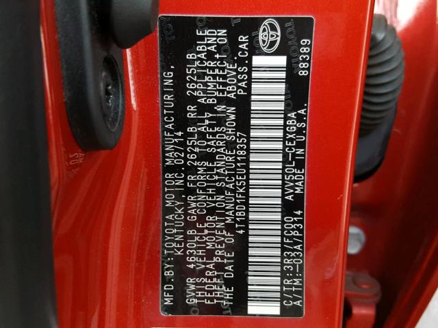 4T1BD1FK5EU118357 - 2014 TOYOTA CAMRY HYBR RED photo 10