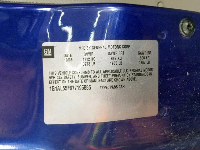 1G1AL55F977195886 - 2007 CHEVROLET COBALT LT BLUE photo 10