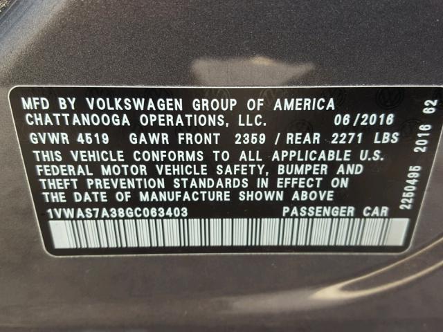 1VWAS7A38GC063403 - 2016 VOLKSWAGEN PASSAT S GRAY photo 10