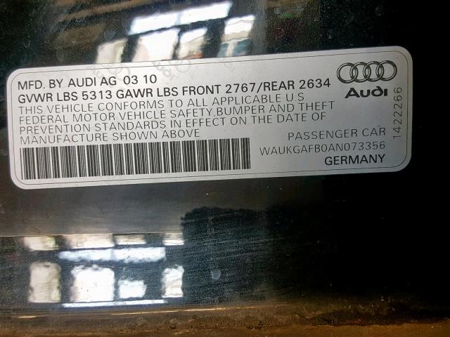 WAUKGAFB0AN073356 - 2010 AUDI A6 PRESTIG BLACK photo 10