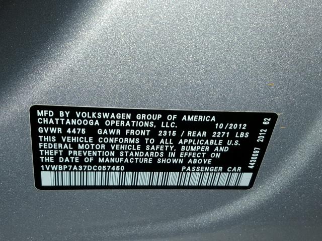 1VWBP7A37DC057450 - 2013 VOLKSWAGEN PASSAT SE SILVER photo 10