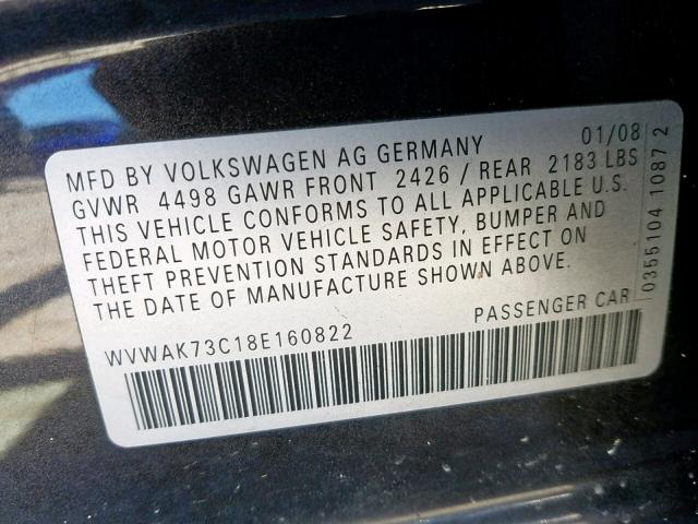 WVWAK73C18E160822 - 2008 VOLKSWAGEN PASSAT KOM BLACK photo 10