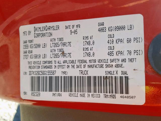 3D7KS26C56G155587 - 2006 DODGE RAM 2500 S Կարմիր լուսանկար 10
