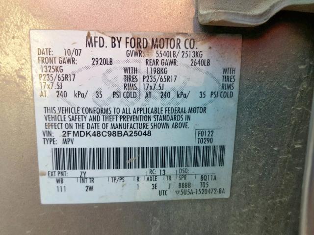 2FMDK48C98BA25048 - 2008 FORD EDGE SEL SILVER photo 10