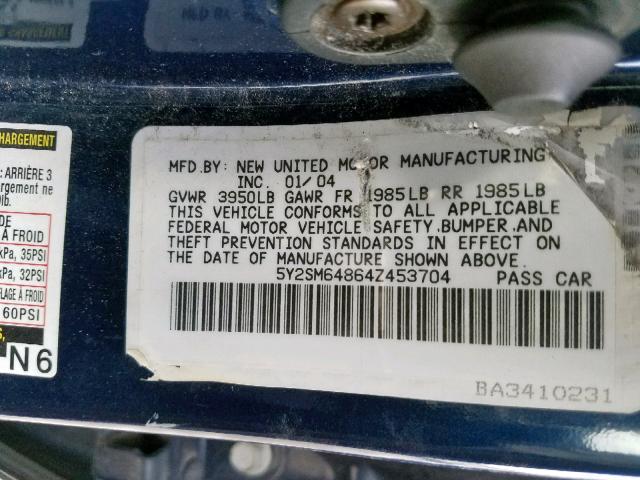 5Y2SM64864Z453704 - 2004 PONTIAC VIBE BLUE photo 10