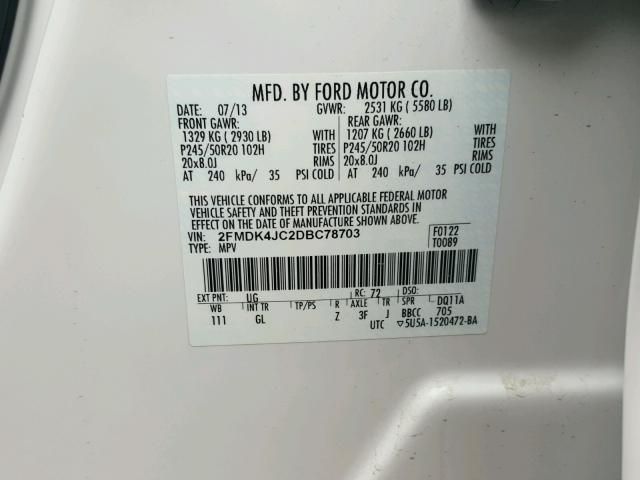 2FMDK4JC2DBC78703 - 2013 FORD EDGE SEL WHITE photo 10