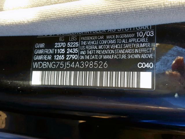 WDBNG75J54A398526 - 2004 MERCEDES-BENZ S 500 BLACK photo 10