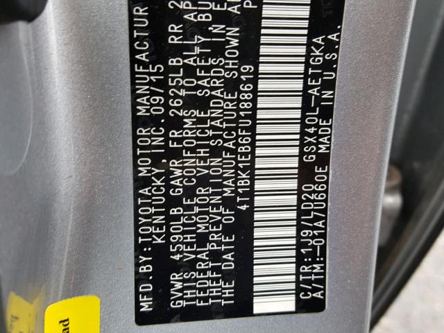 4T1BK1EB6FU188619 - 2015 TOYOTA AVALON XLE SILVER photo 10