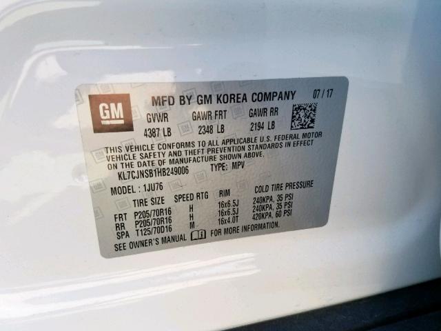 KL7CJNSB1HB249006 - 2017 CHEVROLET TRAX LS WHITE photo 10