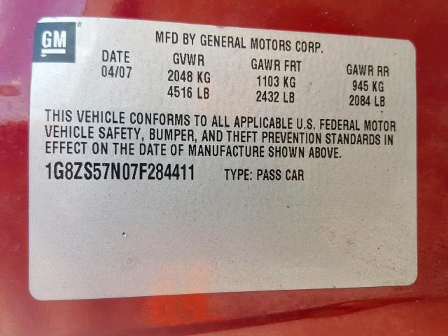 1G8ZS57N07F284411 - 2007 SATURN AURA XE RED photo 10