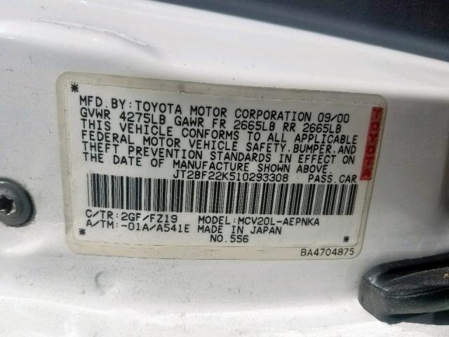 JT2BF22K510293308 - 2001 TOYOTA CAMRY CE WHITE photo 10