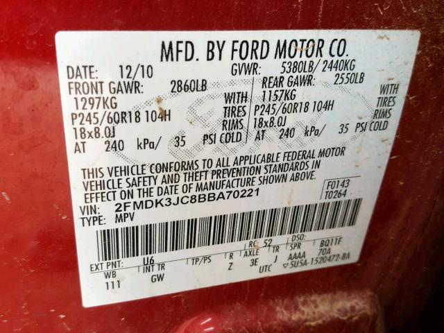 2FMDK3JC8BBA70221 - 2011 FORD EDGE SEL RED photo 10