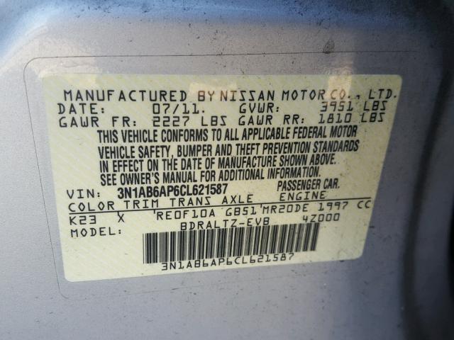 3N1AB6AP6CL621587 - 2012 NISSAN SENTRA 2.0 SILVER photo 10